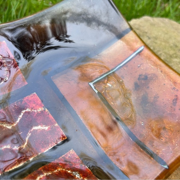 VINTAGE MCM 70s Glass 6" Square Ashtray Trinket Red Orange Silver Abstract Tray - Picture 10 of 11